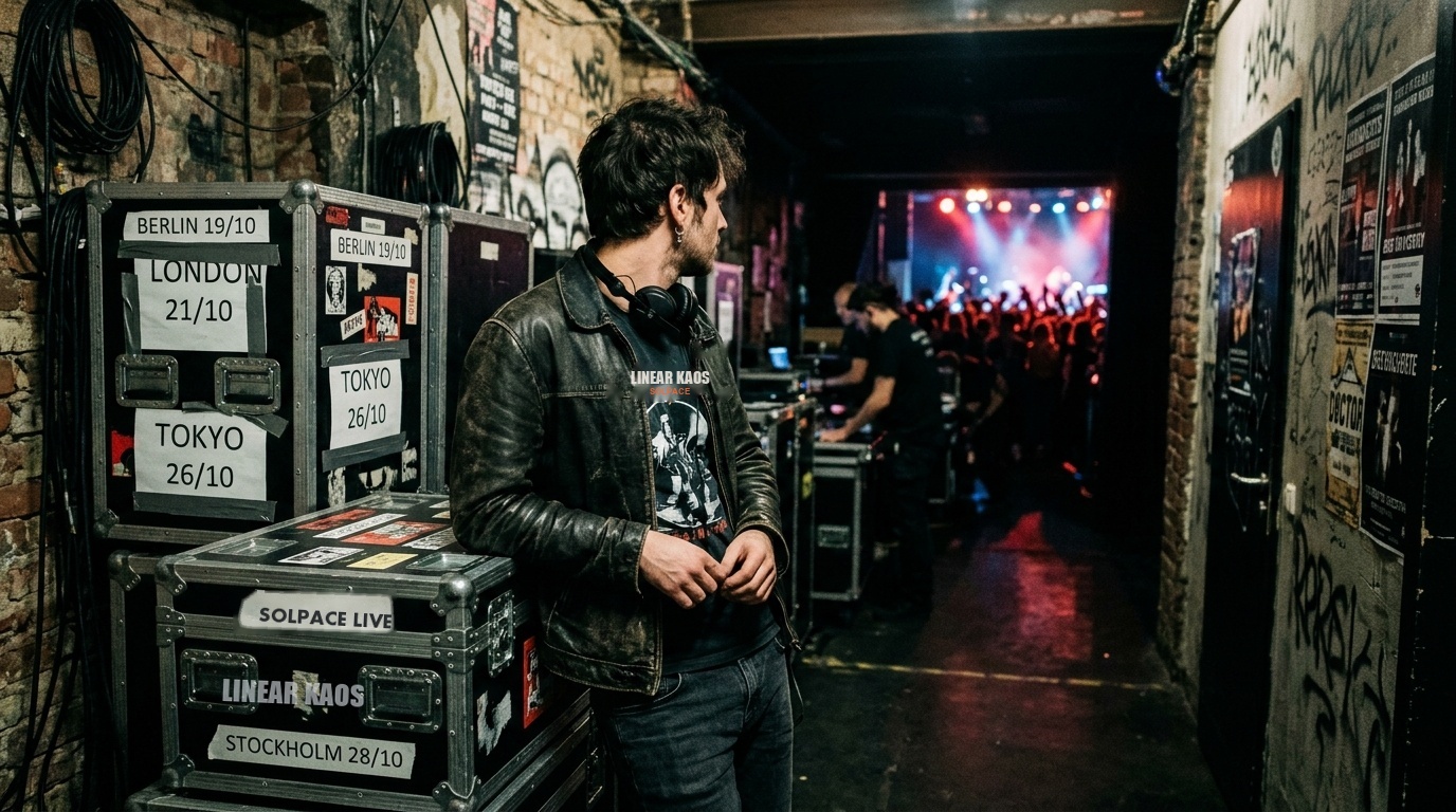Touring electronic artists backstage with custom flight cases