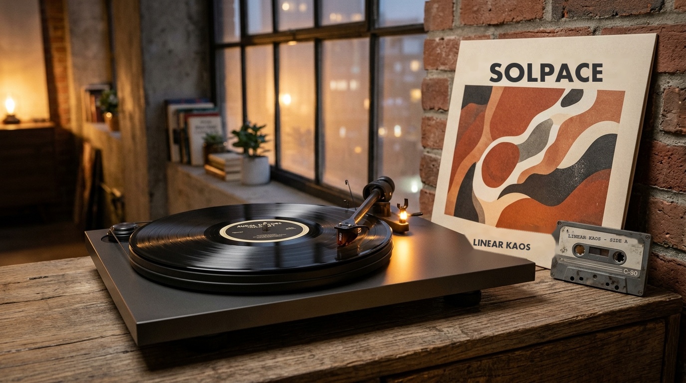 Record label vinyl pressings, analog cassette demos, and mixing console